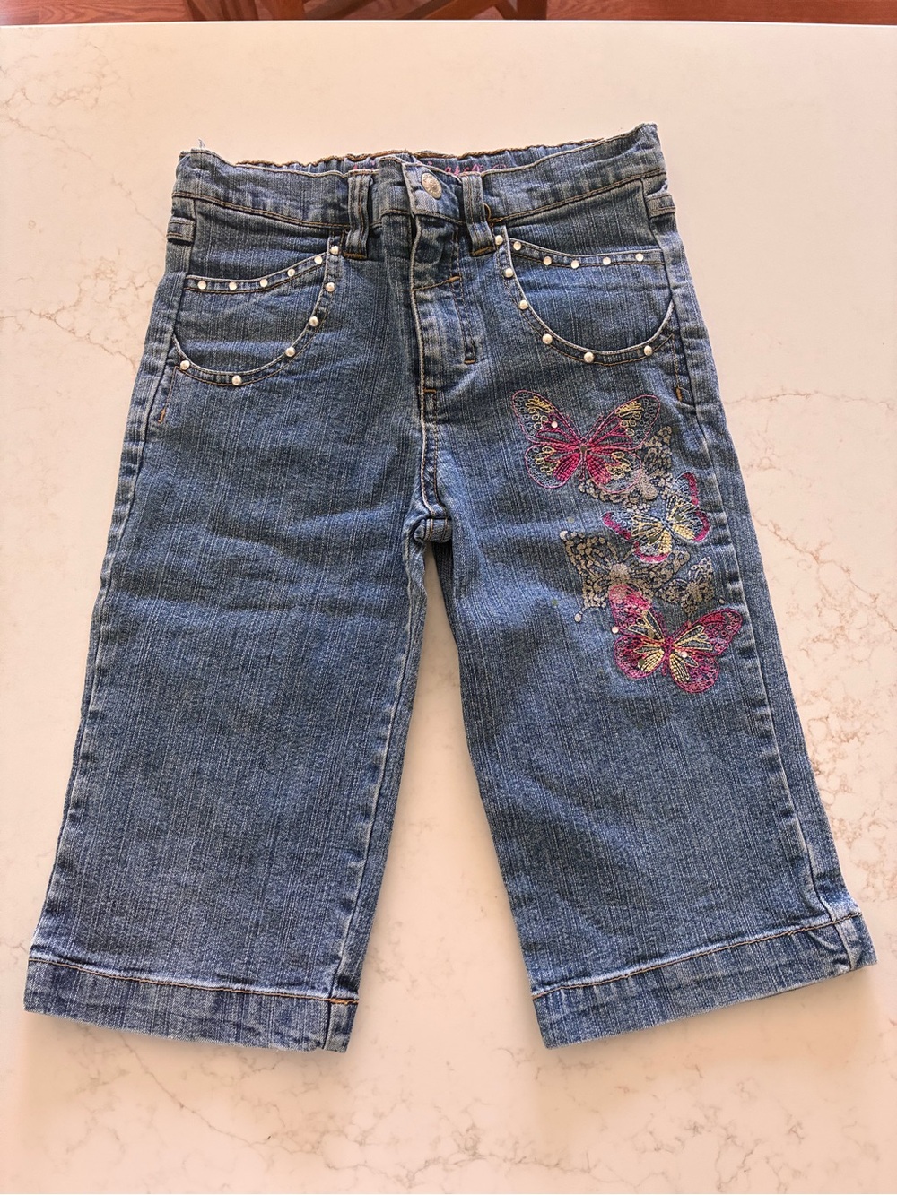 Arizona Jean Company Blue Denim Girls' 6X Butterfly Embroidered Shorts -summer